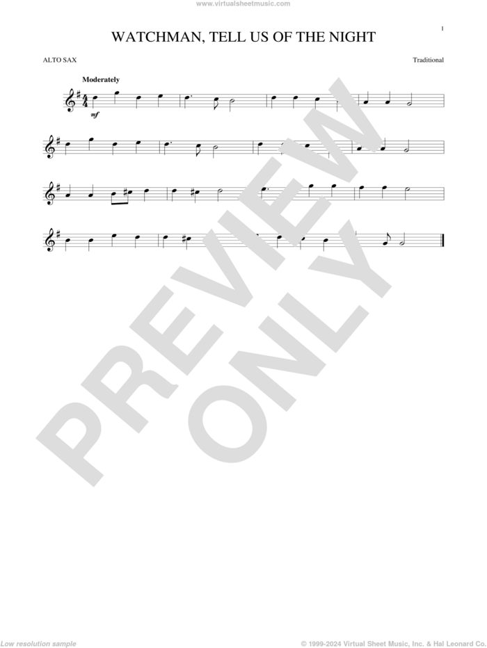 Watchman, Tell Us Of The Night sheet music for alto saxophone solo by John Bowring, Miscellaneous and Jacob Hintze, intermediate skill level