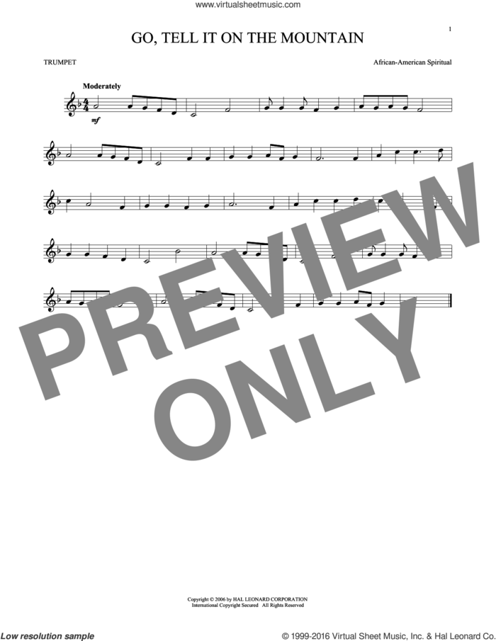 Go, Tell It On The Mountain sheet music for trumpet solo by John W. Work, Jr. and Miscellaneous, intermediate skill level