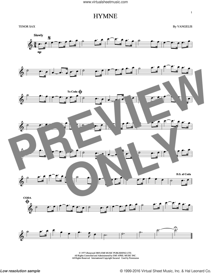 Hymne sheet music for tenor saxophone solo by Vangelis, intermediate skill level