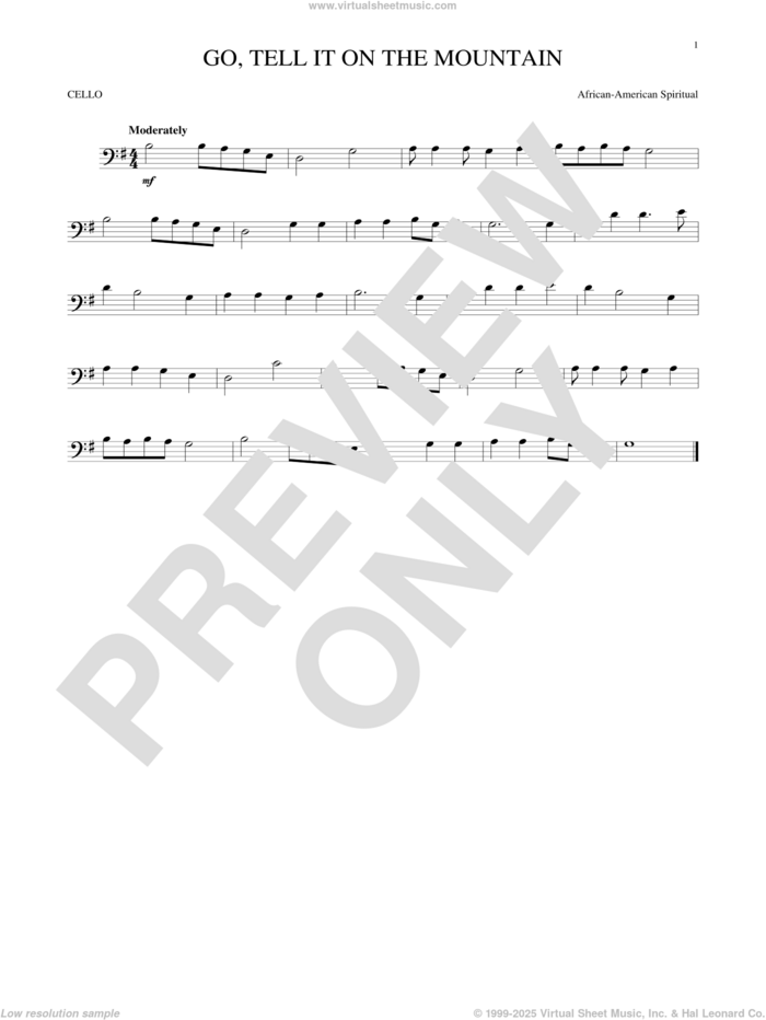 Go, Tell It On The Mountain sheet music for cello solo by John W. Work, Jr. and Miscellaneous, intermediate skill level