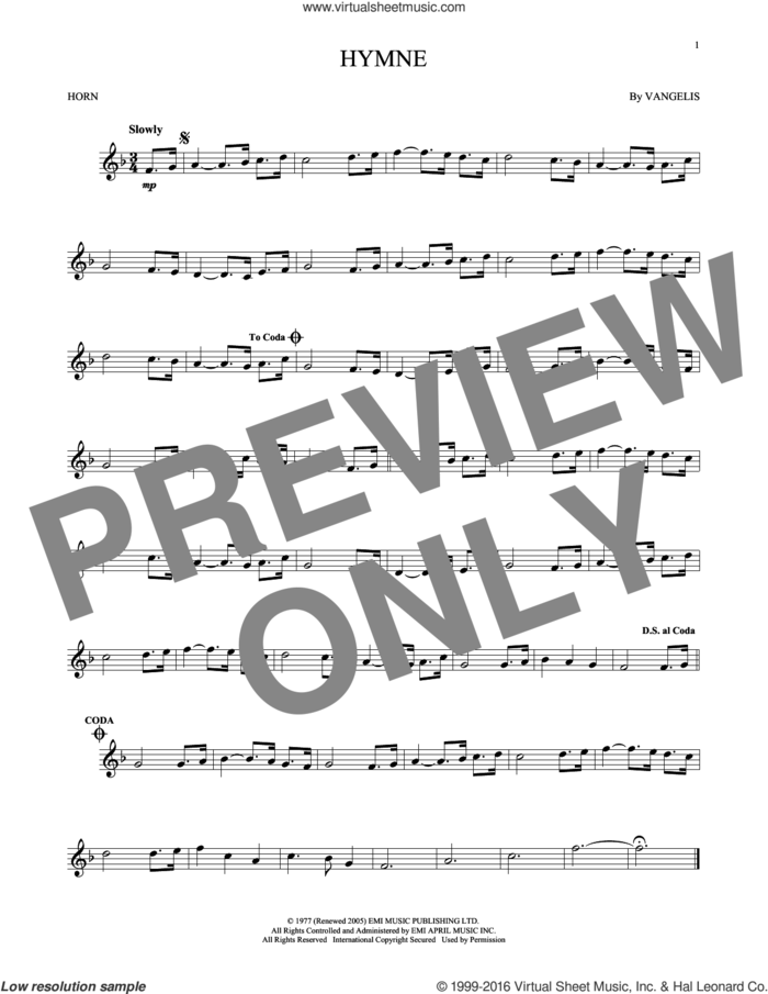 Hymne sheet music for horn solo by Vangelis, intermediate skill level