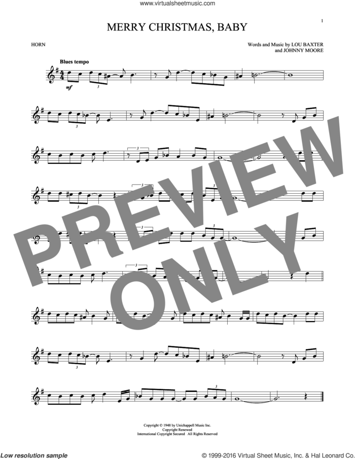 Merry Christmas, Baby sheet music for horn solo by Elvis Presley, Johnny Moore and Lou Baxter, intermediate skill level