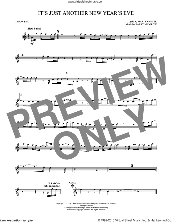 It's Just Another New Year's Eve sheet music for tenor saxophone solo by Barry Manilow and Marty Panzer, intermediate skill level