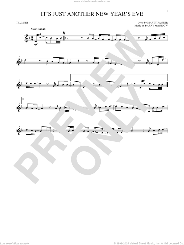 It's Just Another New Year's Eve sheet music for trumpet solo by Barry Manilow and Marty Panzer, intermediate skill level