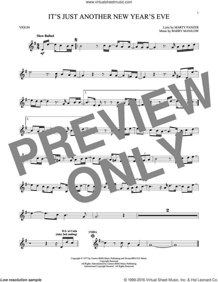 It's Just Another New Year's Eve sheet music for violin solo by Barry Manilow and Marty Panzer, intermediate skill level