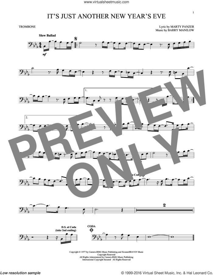 It's Just Another New Year's Eve sheet music for trombone solo by Barry Manilow and Marty Panzer, intermediate skill level