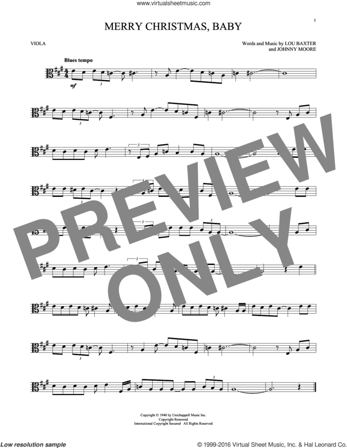 Merry Christmas, Baby sheet music for viola solo by Elvis Presley, Johnny Moore and Lou Baxter, intermediate skill level