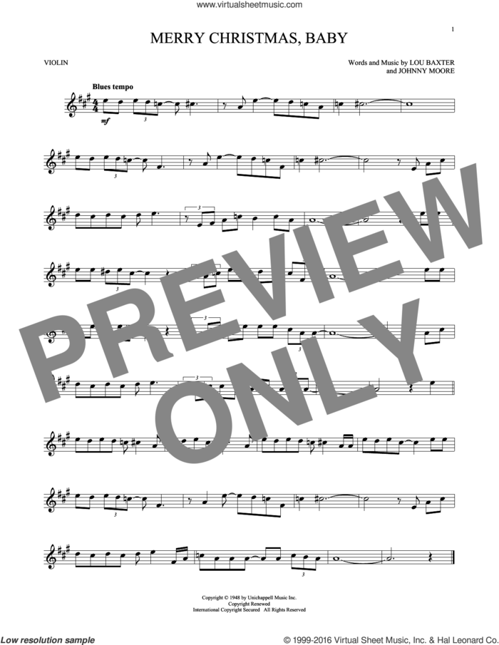 Merry Christmas, Baby sheet music for violin solo by Elvis Presley, Johnny Moore and Lou Baxter, intermediate skill level