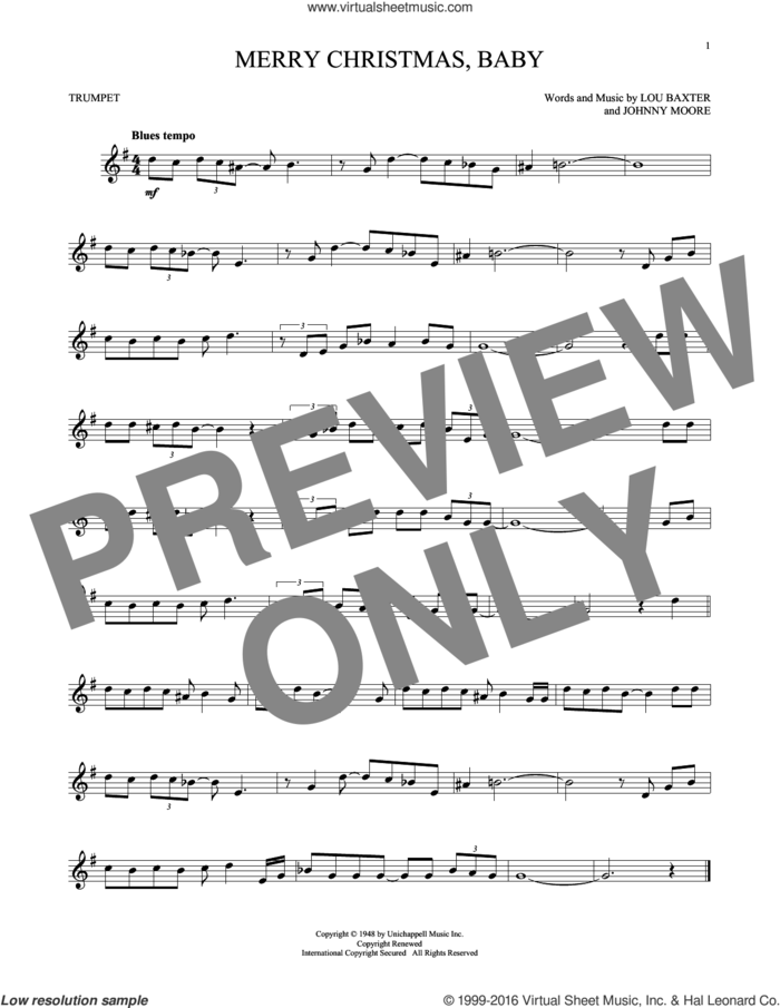 Merry Christmas, Baby sheet music for trumpet solo by Elvis Presley, Johnny Moore and Lou Baxter, intermediate skill level