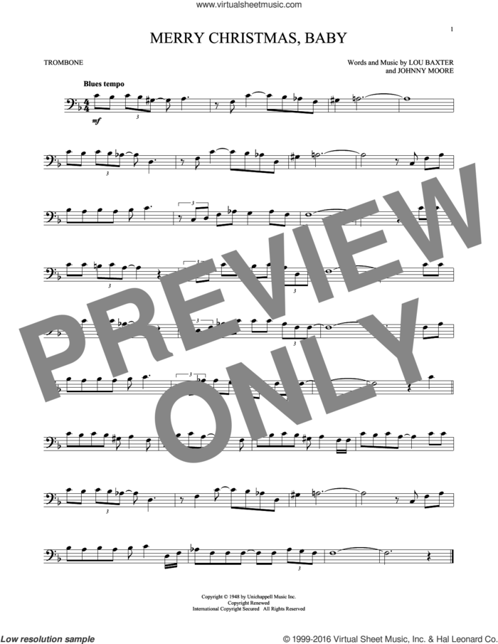 Merry Christmas, Baby sheet music for trombone solo by Elvis Presley, Johnny Moore and Lou Baxter, intermediate skill level