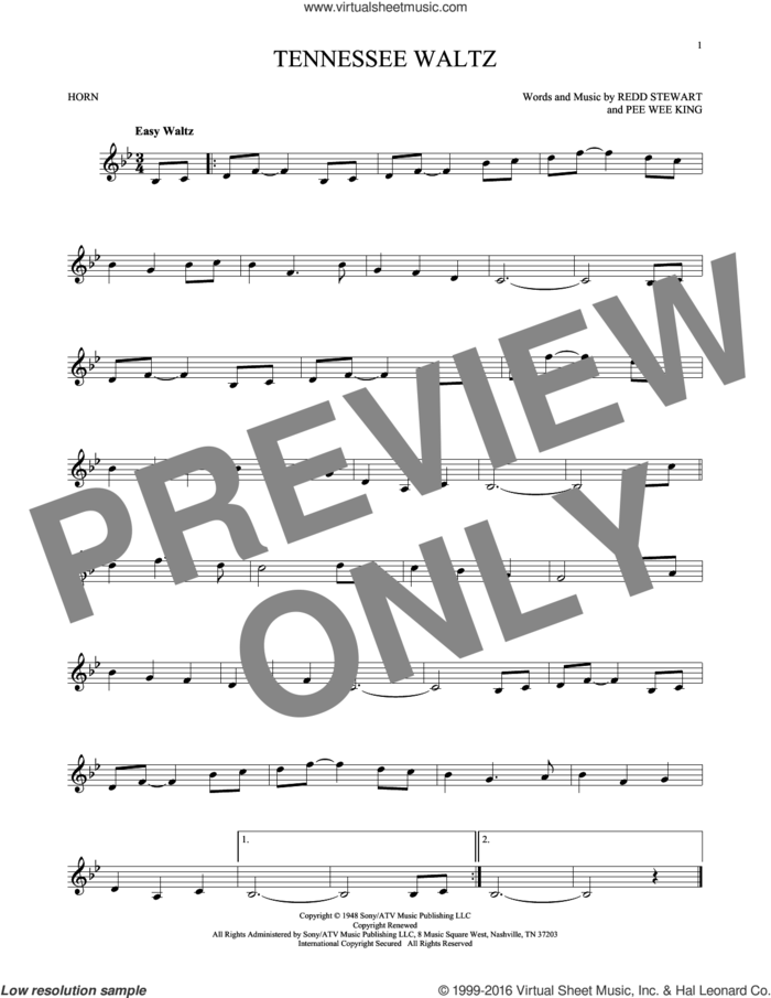 Tennessee Waltz sheet music for horn solo by Pee Wee King, Patti Page, Patty Page and Redd Stewart, intermediate skill level