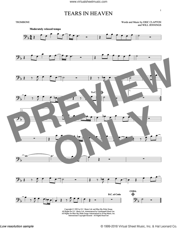 Tears In Heaven sheet music for trombone solo by Eric Clapton and Will Jennings, intermediate skill level