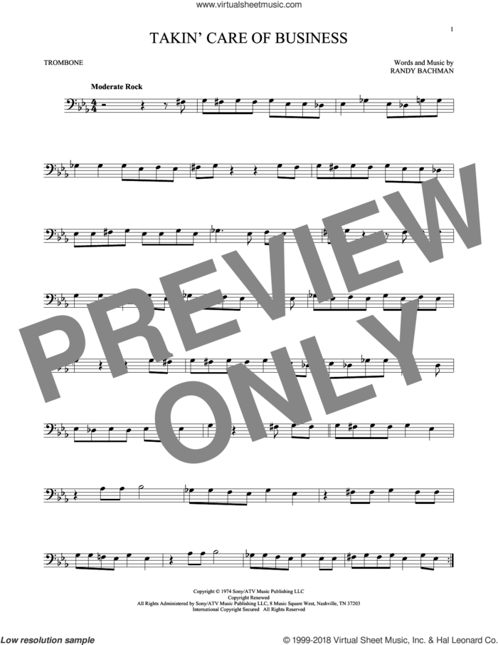 Takin' Care Of Business sheet music for trombone solo by Bachman-Turner Overdrive and Randy Bachman, intermediate skill level