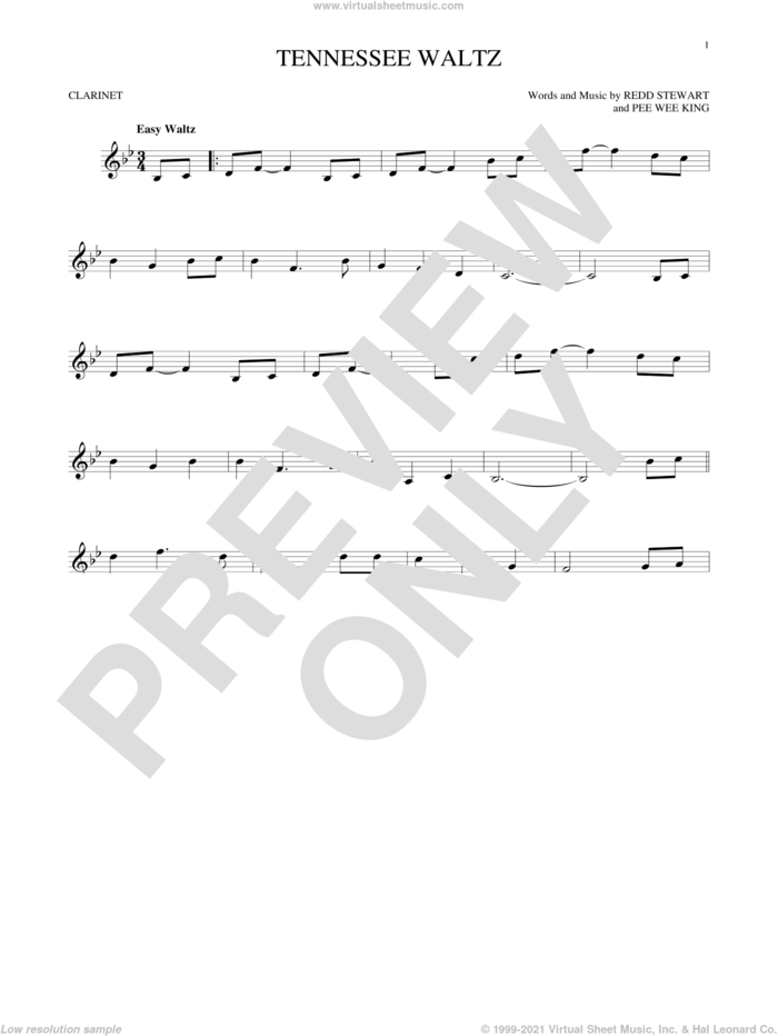 Tennessee Waltz sheet music for clarinet solo by Pee Wee King, Patti Page, Patty Page and Redd Stewart, intermediate skill level