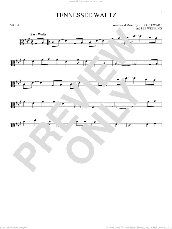 Tennessee Waltz sheet music for viola solo by Pee Wee King, Patti Page, Patty Page and Redd Stewart, intermediate skill level