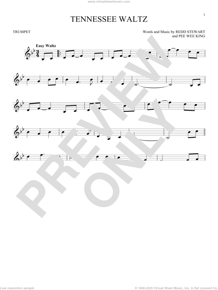 Tennessee Waltz sheet music for trumpet solo by Pee Wee King, Patti Page, Patty Page and Redd Stewart, intermediate skill level