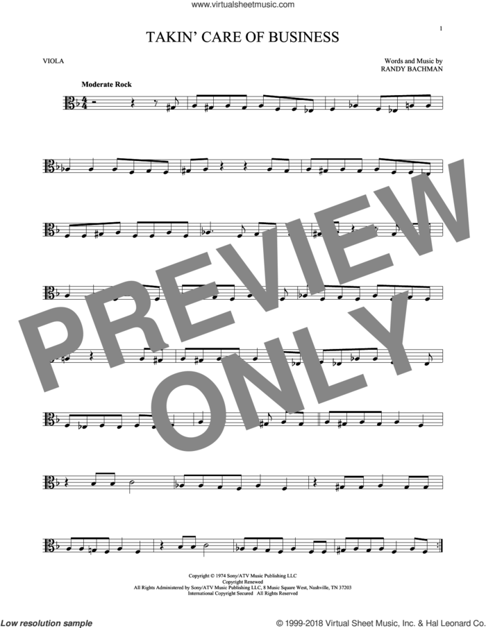 Takin' Care Of Business sheet music for viola solo by Bachman-Turner Overdrive and Randy Bachman, intermediate skill level
