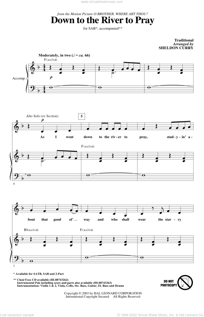 Down To The River To Pray sheet music for choir (SAB: soprano, alto, bass) by Sheldon Curry and Miscellaneous, intermediate skill level