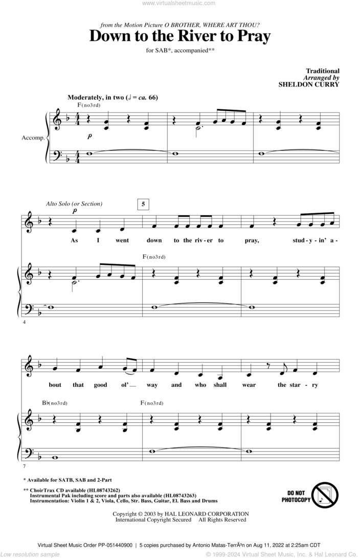 Down To The River To Pray sheet music for choir (SAB: soprano, alto, bass) by Sheldon Curry and Miscellaneous, intermediate skill level