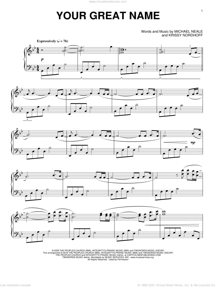 Your Great Name (arr. Phillip Keveren) sheet music for piano solo by Michael Neale, Phillip Keveren, Natalie Grant and Krissy Nordhoff, intermediate skill level