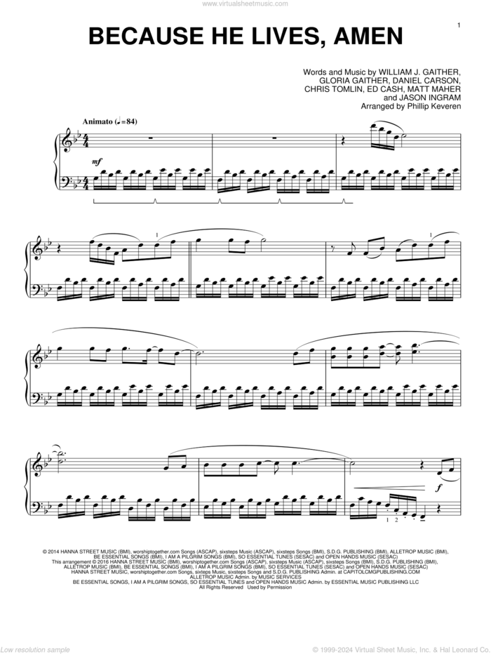 Because He Lives, Amen (arr. Phillip Keveren) sheet music for piano solo by Matt Maher, Phillip Keveren, Chris Tomlin, Daniel Carson, Ed Cash, Gloria Gaither, Jason Ingram and William J. Gaither, intermediate skill level