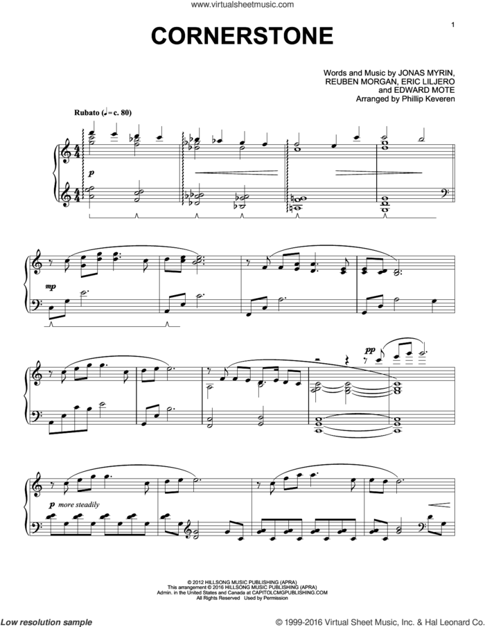 Cornerstone (arr. Phillip Keveren), (intermediate) sheet music for piano solo by Reuben Morgan, Phillip Keveren, Hillsong Live, Eric Liljero and Jonas Myrin, intermediate skill level