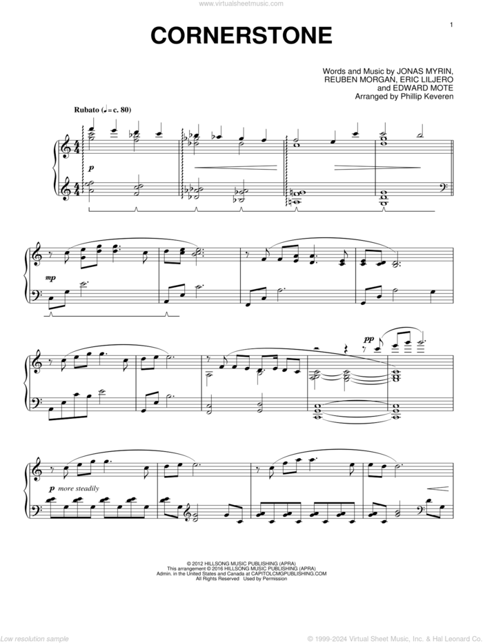 Cornerstone (arr. Phillip Keveren), (intermediate) sheet music for piano solo by Reuben Morgan, Phillip Keveren, Hillsong Live, Eric Liljero and Jonas Myrin, intermediate skill level