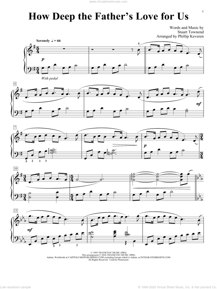 How Deep The Father's Love For Us (arr. Phillip Keveren) sheet music for piano solo by Stuart Townend, Phillip Keveren, Nichole Nordeman, Phillips, Craig & Dean and Sarah Sadler, intermediate skill level