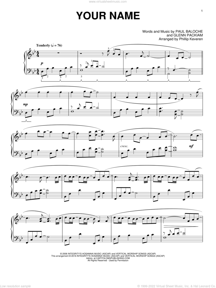 Your Name (arr. Phillip Keveren) sheet music for piano solo by Paul Baloche, Phillip Keveren, Phillips, Craig & Dean and Glenn Packiam, intermediate skill level