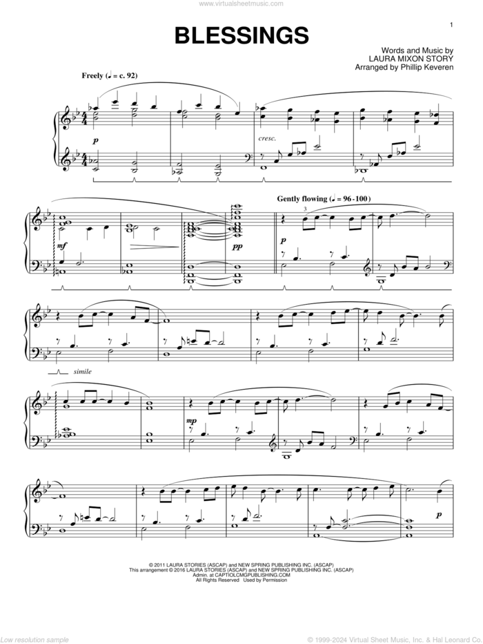 Blessings (arr. Phillip Keveren), (intermediate) sheet music for piano solo by Phillip Keveren, Laura Story and Laura Mixon Story, intermediate skill level