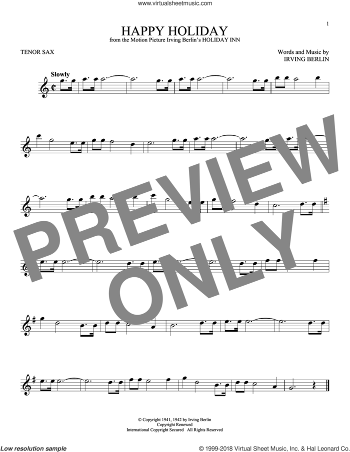 Happy Holiday sheet music for tenor saxophone solo by Irving Berlin, intermediate skill level
