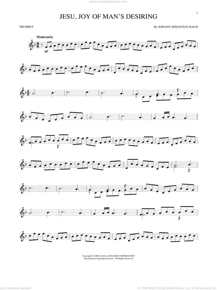 Jesu, Joy Of Man's Desiring sheet music for trumpet solo by Johann Sebastian Bach and Robert Bridges, classical wedding score, intermediate skill level
