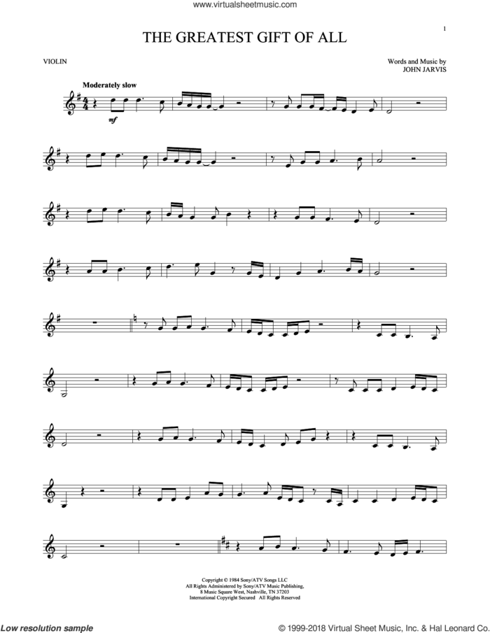 The Greatest Gift Of All sheet music for violin solo by Kenny Rogers and Dolly Parton and John Jarvis, intermediate skill level