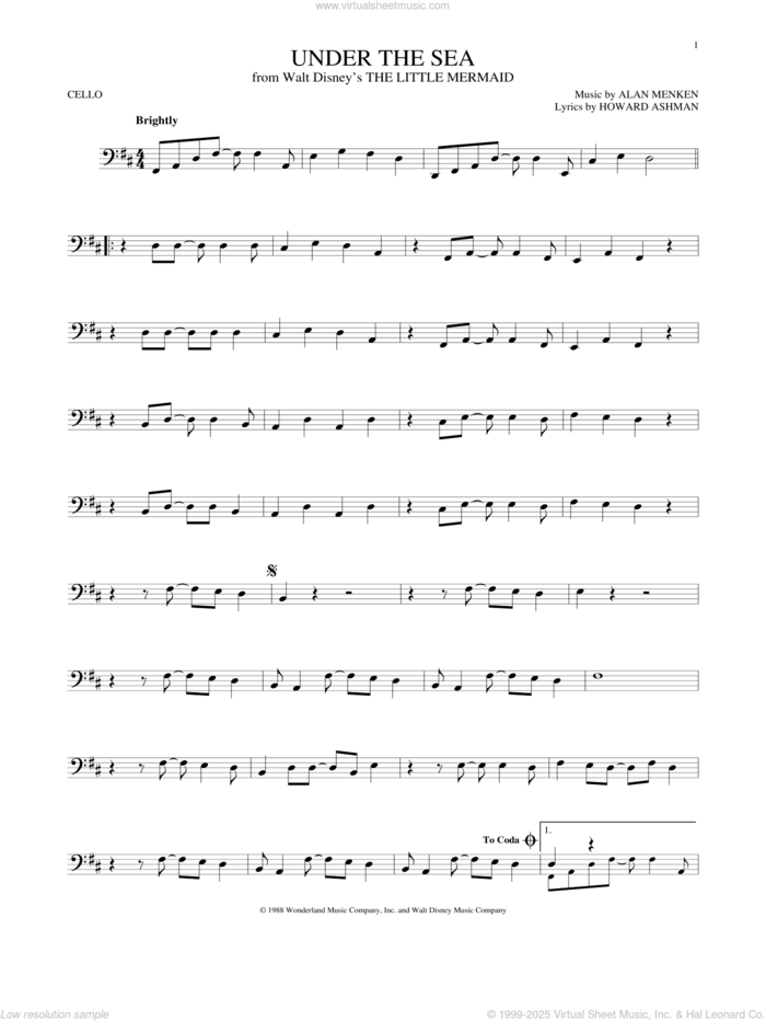 Under The Sea (from The Little Mermaid) sheet music for cello solo by Alan Menken & Howard Ashman, Alan Menken and Howard Ashman, intermediate skill level