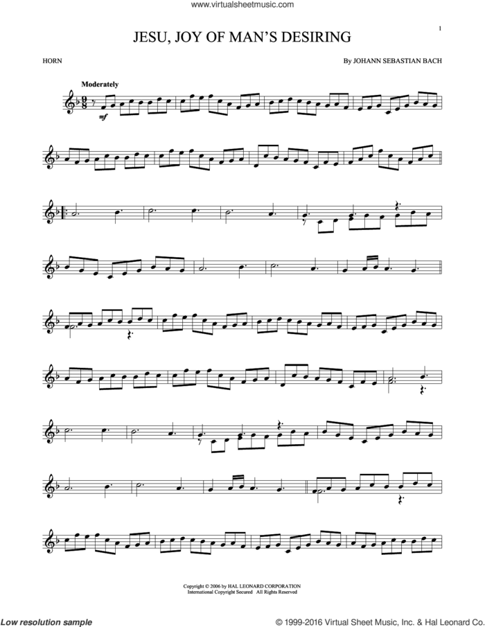 Jesu, Joy Of Man's Desiring sheet music for horn solo by Johann Sebastian Bach and Robert Bridges, classical score, intermediate skill level