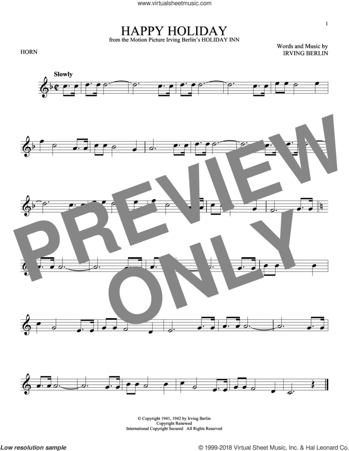 Happy Holiday sheet music for horn solo by Irving Berlin, intermediate skill level