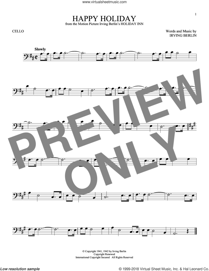 Happy Holiday sheet music for cello solo by Irving Berlin, intermediate skill level