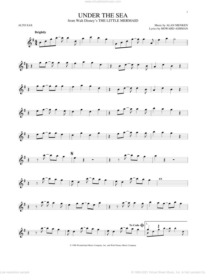 Under The Sea (from The Little Mermaid) sheet music for alto saxophone solo by Alan Menken & Howard Ashman, Alan Menken and Howard Ashman, intermediate skill level