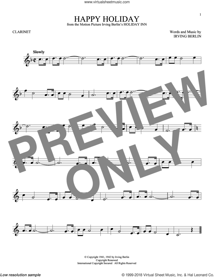 Happy Holiday sheet music for clarinet solo by Irving Berlin, intermediate skill level