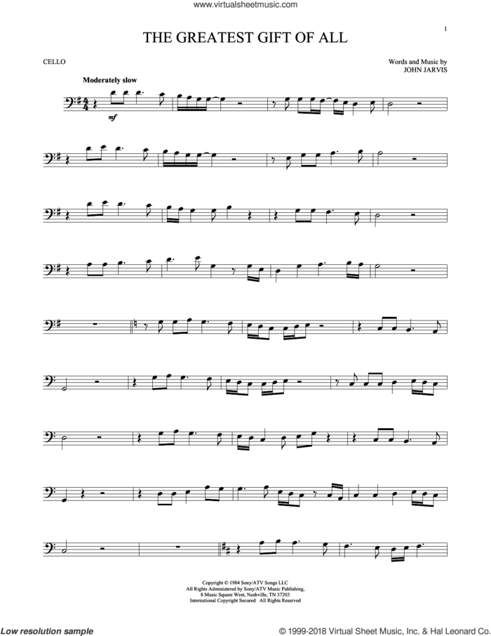 The Greatest Gift Of All sheet music for cello solo by Kenny Rogers and Dolly Parton and John Jarvis, intermediate skill level