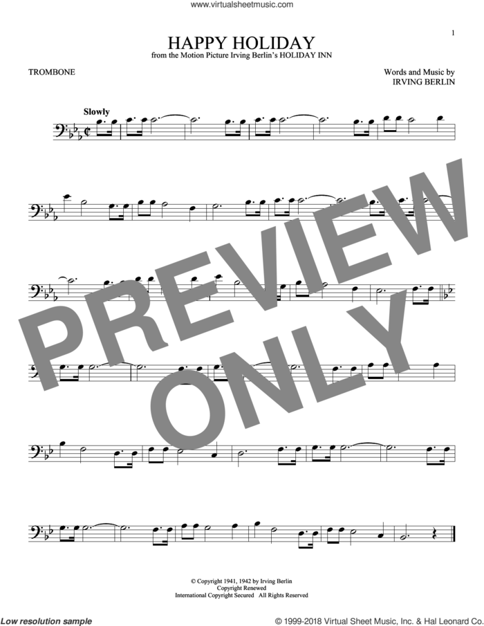 Happy Holiday sheet music for trombone solo by Irving Berlin, intermediate skill level