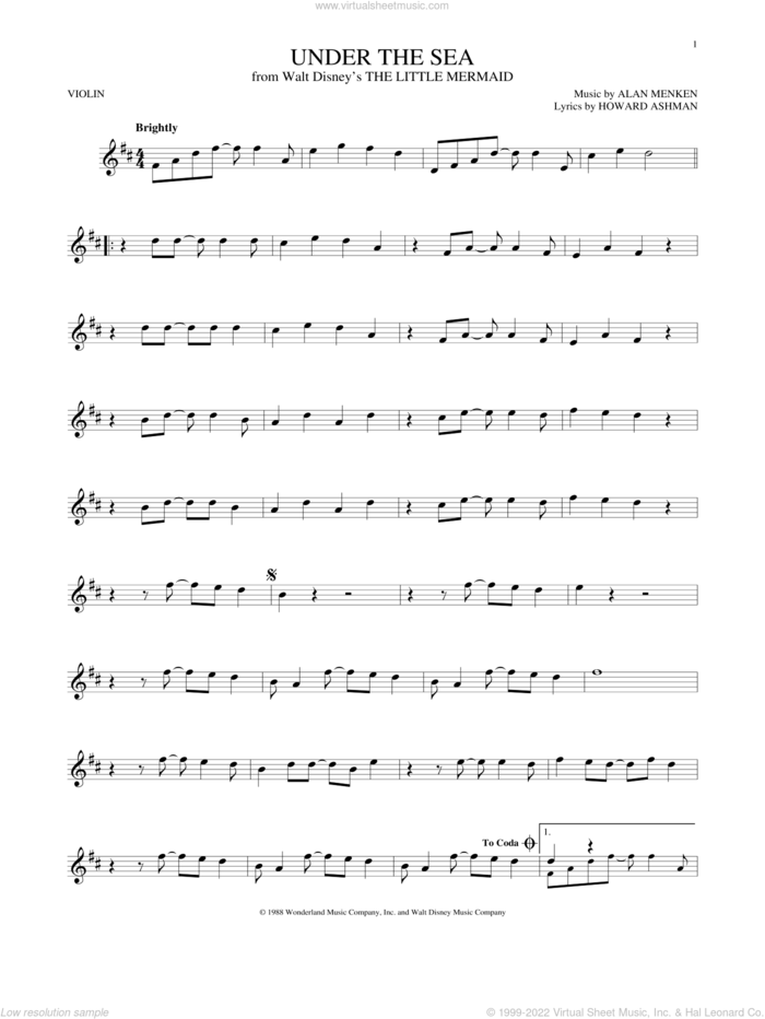 Under The Sea (from The Little Mermaid) sheet music for violin solo by Alan Menken & Howard Ashman, Alan Menken and Howard Ashman, intermediate skill level