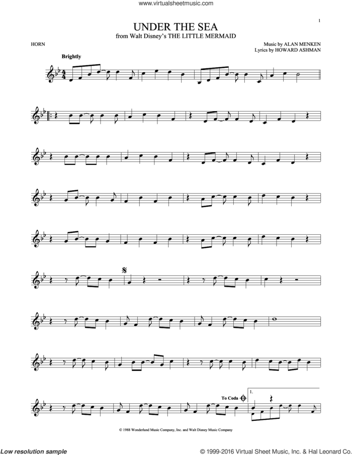 Under The Sea sheet music for horn solo by Alan Menken & Howard Ashman, Alan Menken and Howard Ashman, intermediate skill level