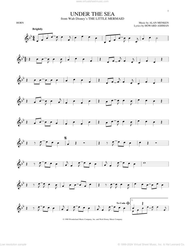 Under The Sea sheet music for horn solo by Alan Menken & Howard Ashman, Alan Menken and Howard Ashman, intermediate skill level