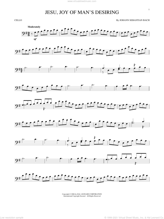 Jesu, Joy Of Man's Desiring sheet music for cello solo by Johann Sebastian Bach and Robert Bridges, classical score, intermediate skill level