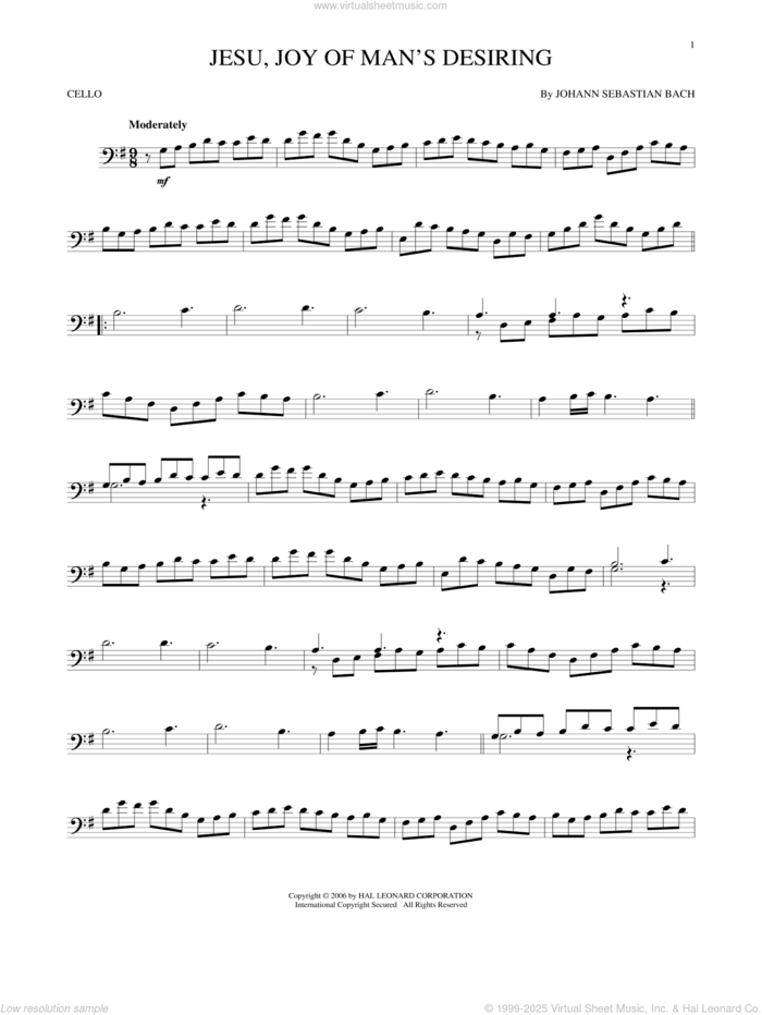 Jesu, Joy Of Man's Desiring sheet music for cello solo by Johann Sebastian Bach and Robert Bridges, classical wedding score, intermediate skill level