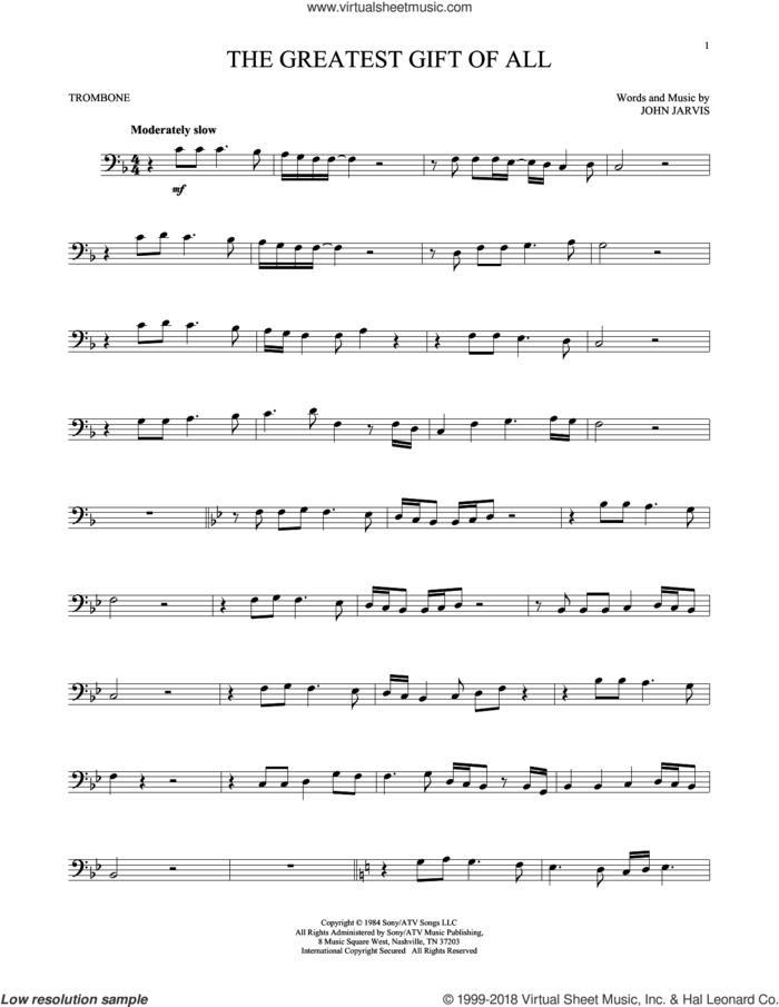 The Greatest Gift Of All sheet music for trombone solo by Kenny Rogers and Dolly Parton and John Jarvis, intermediate skill level
