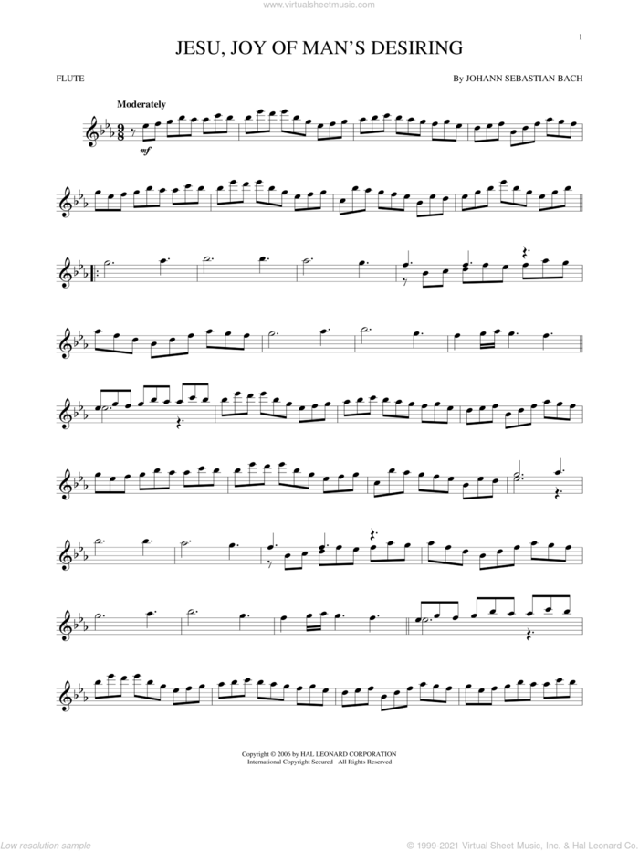 Jesu, Joy Of Man's Desiring sheet music for flute solo by Johann Sebastian Bach and Robert Bridges, classical score, intermediate skill level