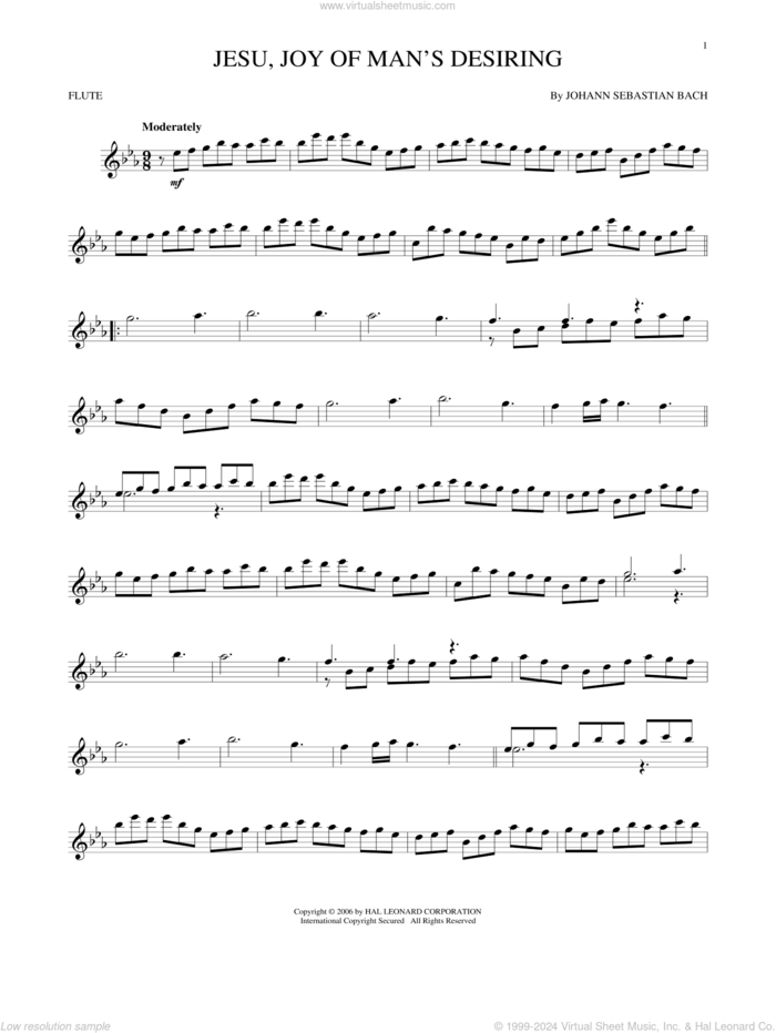 Jesu, Joy Of Man's Desiring sheet music for flute solo by Johann Sebastian Bach and Robert Bridges, classical wedding score, intermediate skill level