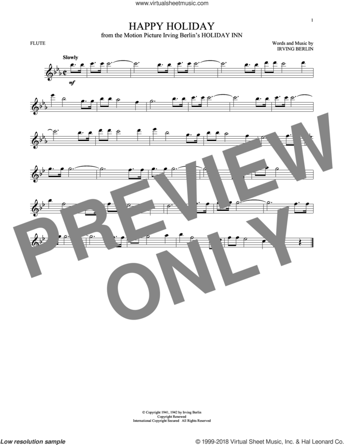 Happy Holiday sheet music for flute solo by Irving Berlin, intermediate skill level
